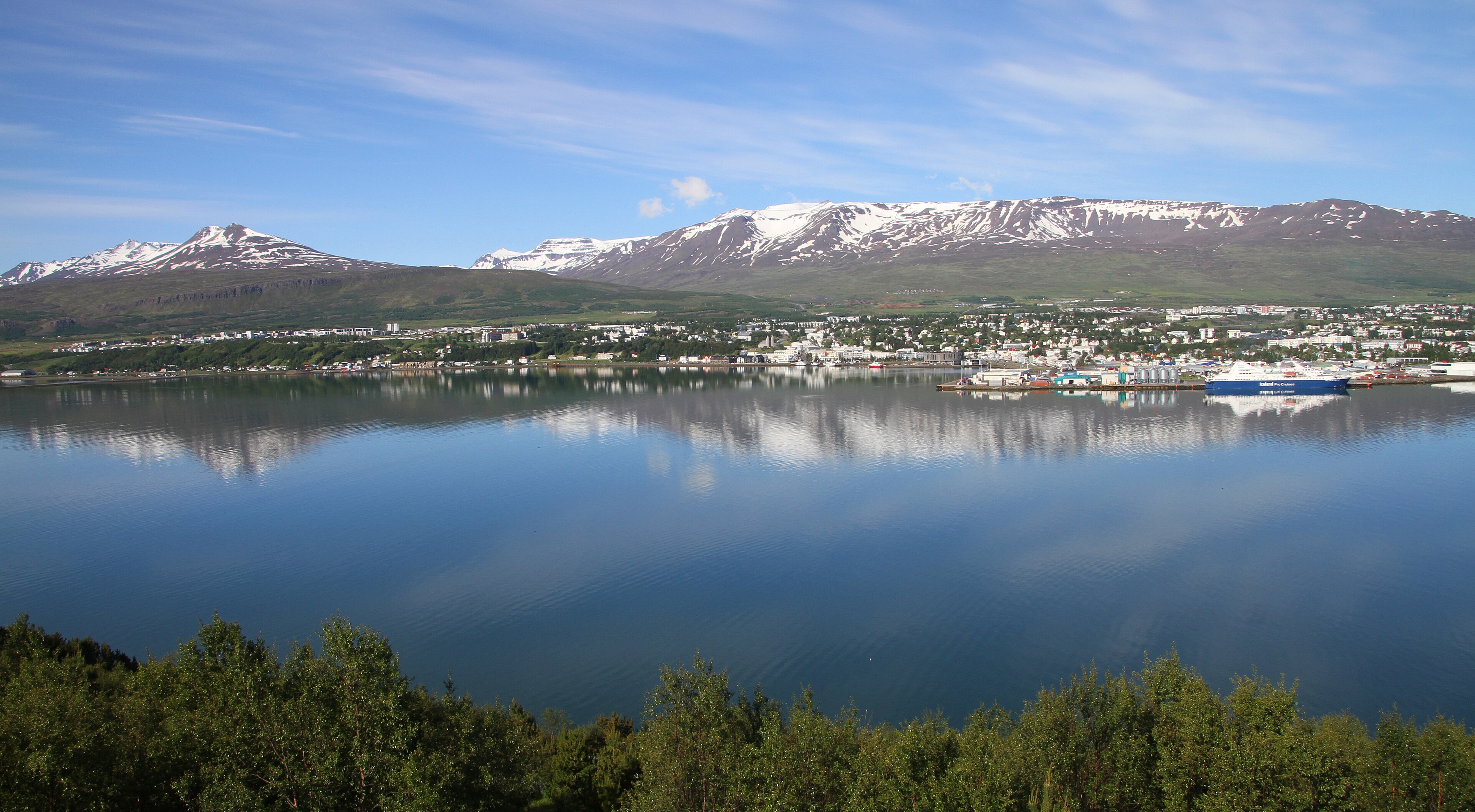 Akureyri on the western shore of Eyjafjörður, seen across the fjord